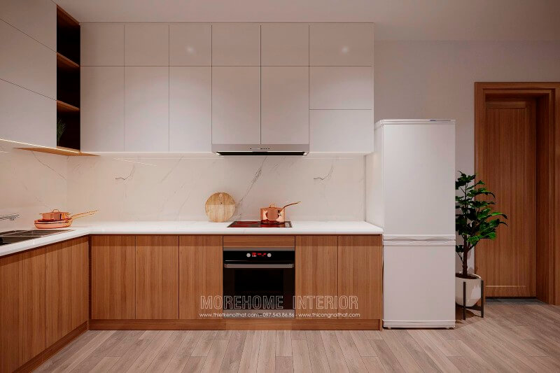 Đá ốp tường và mặt bếp màu trắng nổi bật trên nền một thiết kế tủ bếp đơn giản hiện đại sẻ là điểm nhấn cho không gian bếp gia đình bạn Thiết kế và sản xuất tủ bếp đẹp